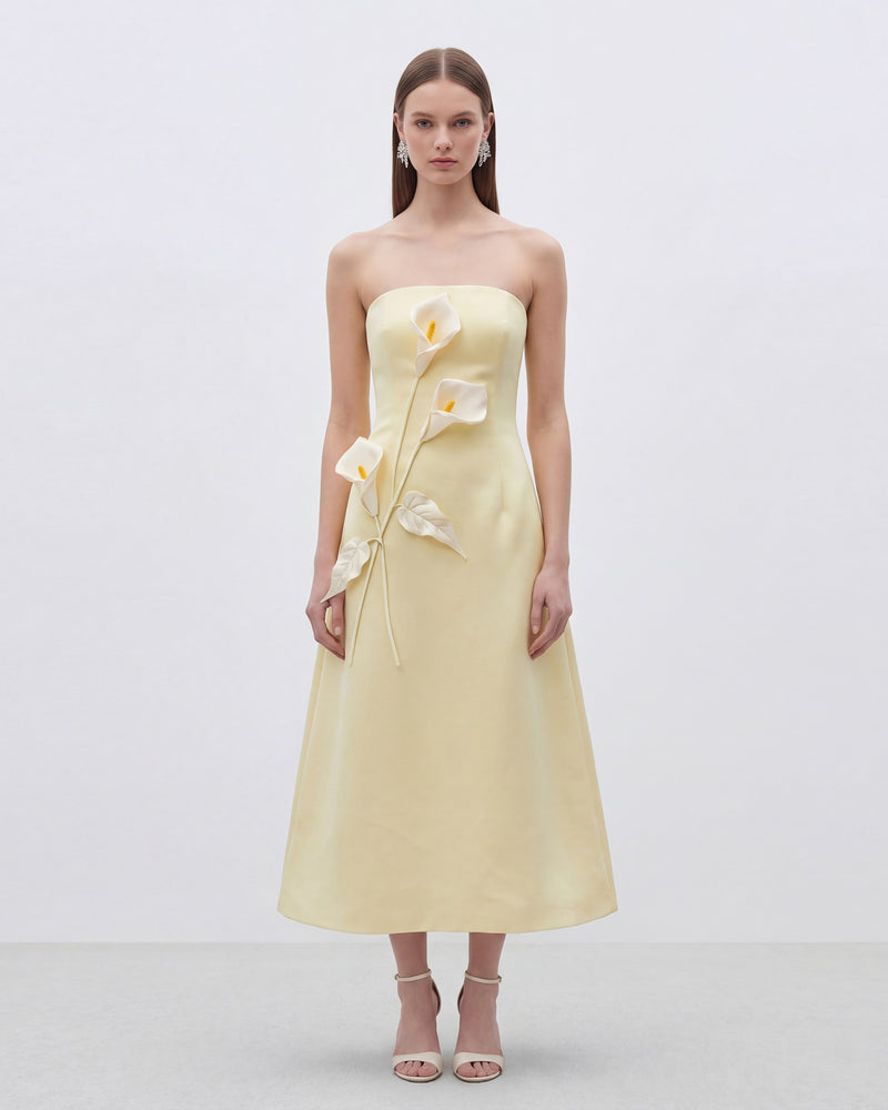 Strapless Floral Appliqué Dress - Light Yellow