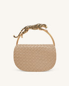 Ione Woven Leopard Shaped Top Handle Bag - Beige