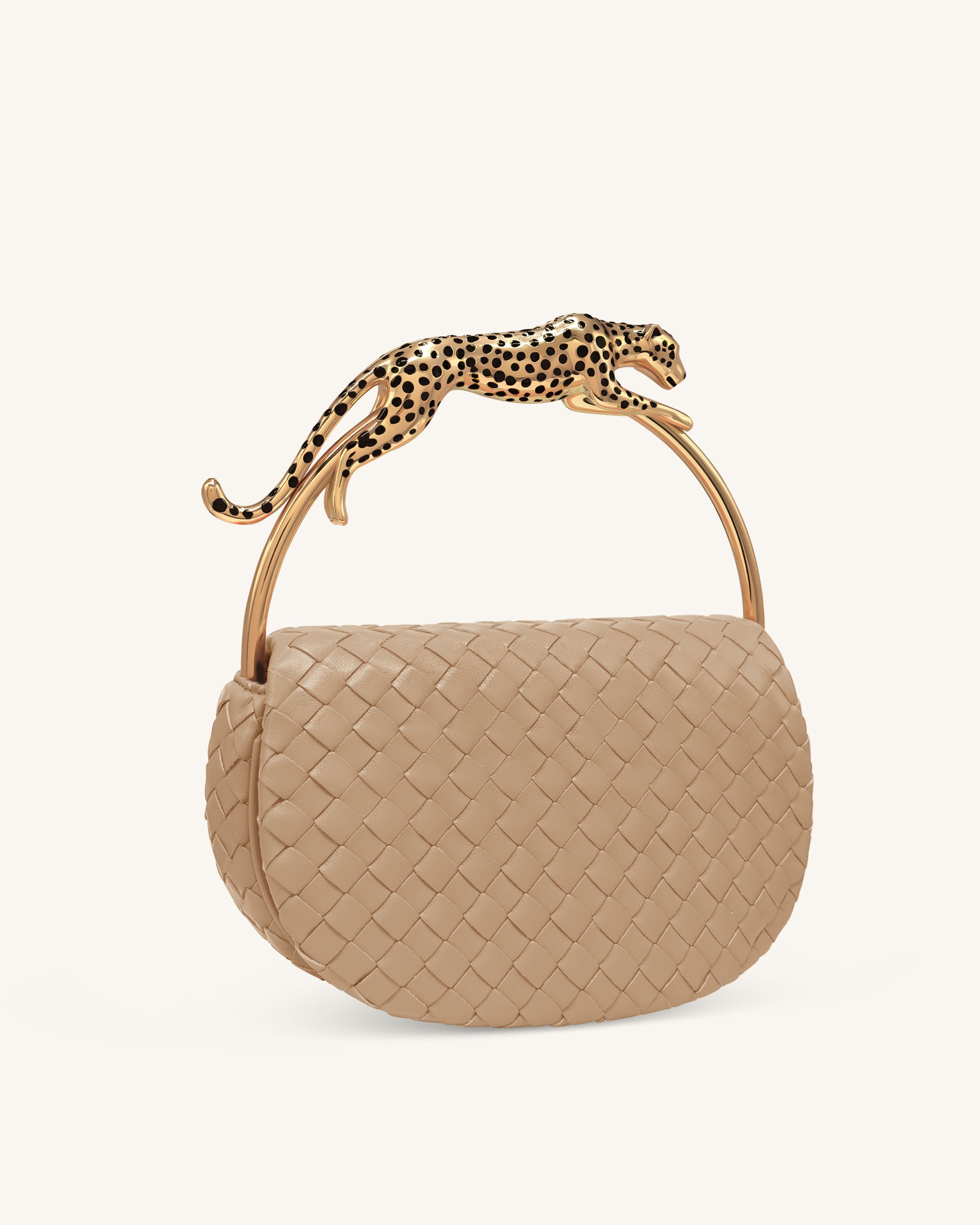 Ione Woven Leopard Shaped Top Handle Bag - Beige