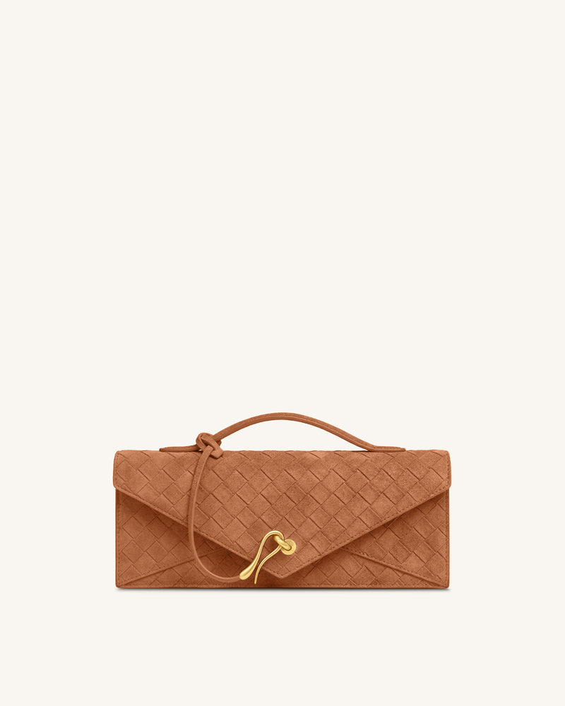 Celeste Faux Suede Woven Textured Envelope Top Handle Bag - Brown