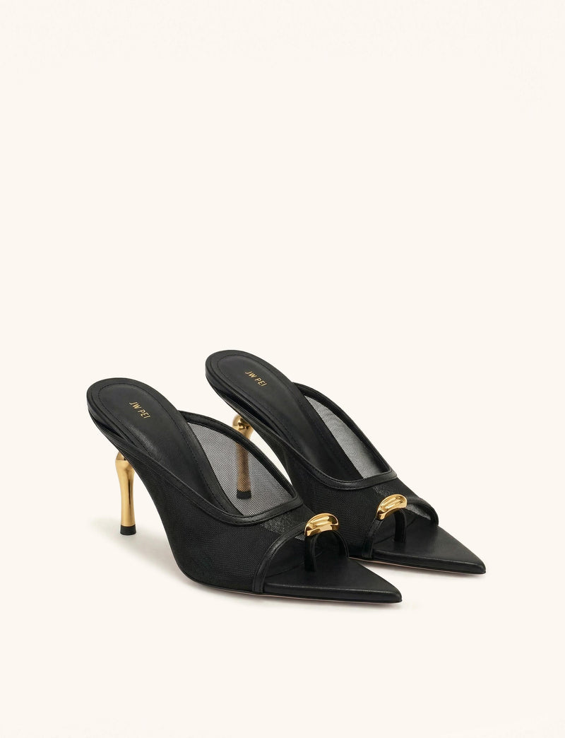 Noemi Pointed-Toe Mesh Mule Heels - Black