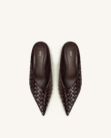 Helena Woven Textured Pointed Toe Mules - Dark Brown