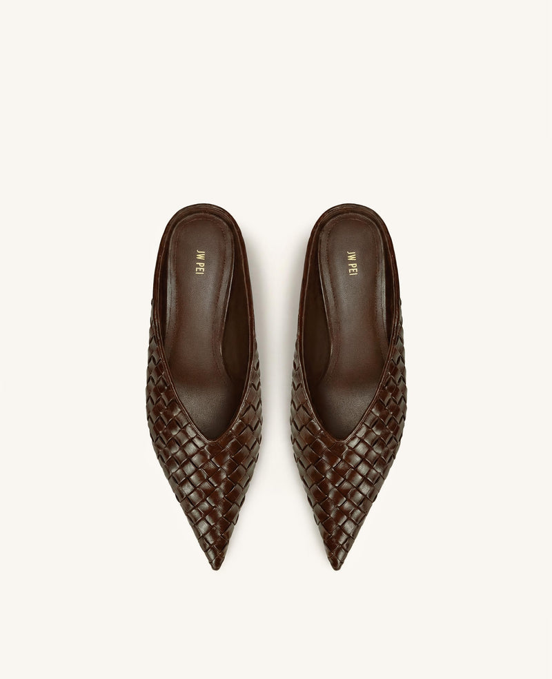 Helena Woven Textured Pointed Toe Mules - Brown