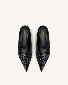 Helena Woven Textured Pointed Toe Mules - Black