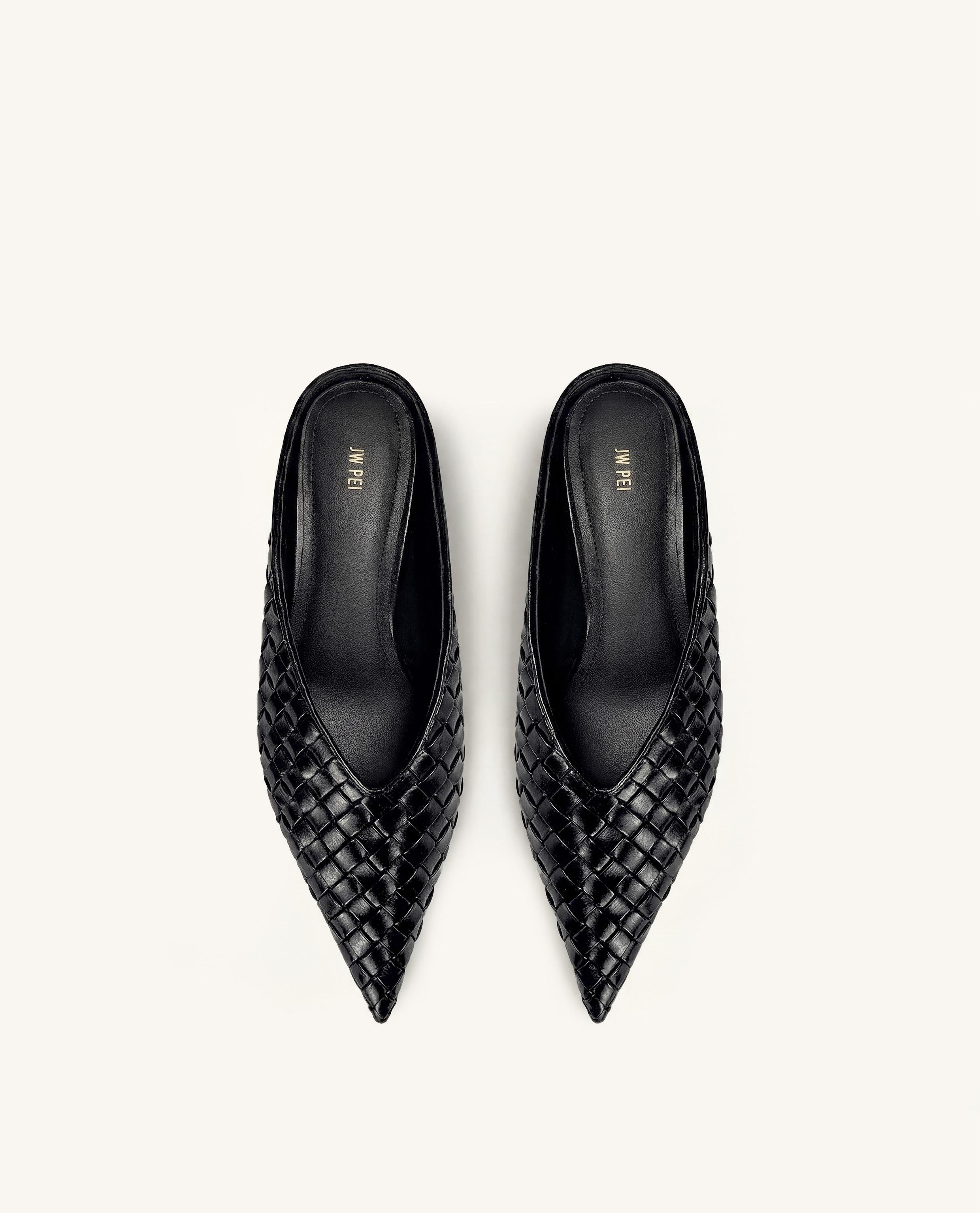 Helena Woven Textured Pointed Toe Mules - Black