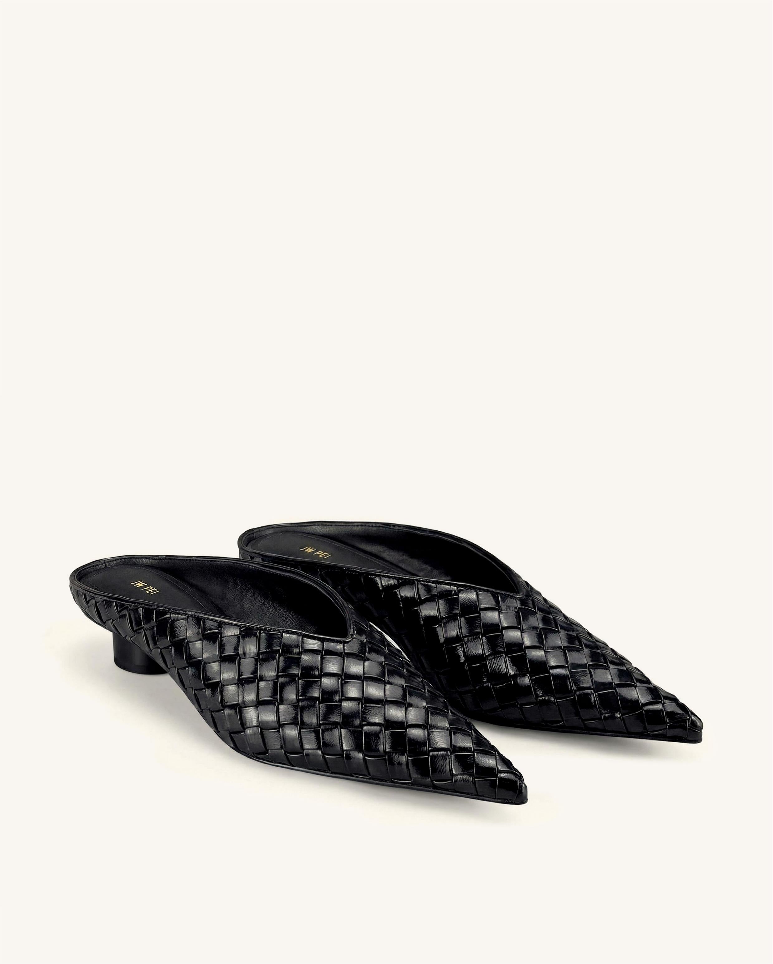 Helena Woven Textured Pointed Toe Mules - Black