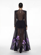 Iris Floral Print Long-Sleeve Sheer Gown - Black/Purple
