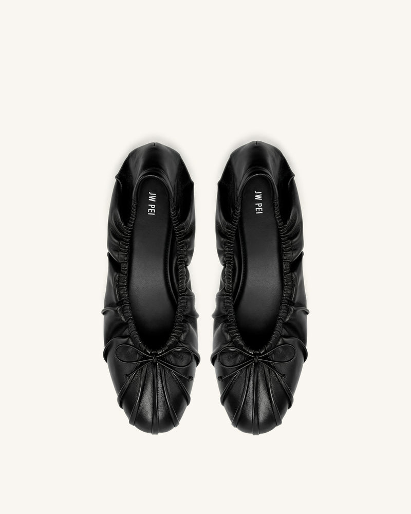 Solenne Ruched Drawstring Ballet Flats - Black
