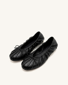 Solenne Ruched Drawstring Ballet Flats - Black