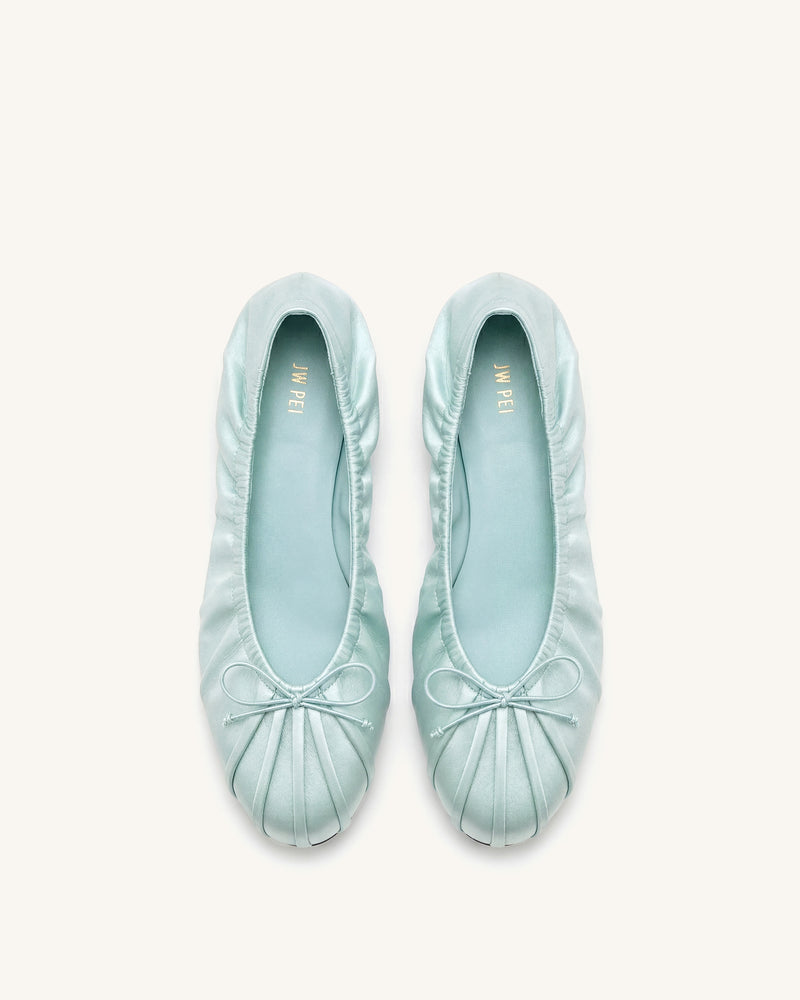 Solenne Ruched Drawstring Satin Ballet Flats - Blue