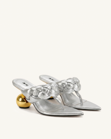 Ellie Braided Orb Heel Thong Mule Heels - Silver
