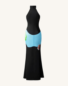 Floral Satin Halter Dress - Multicolor Black
