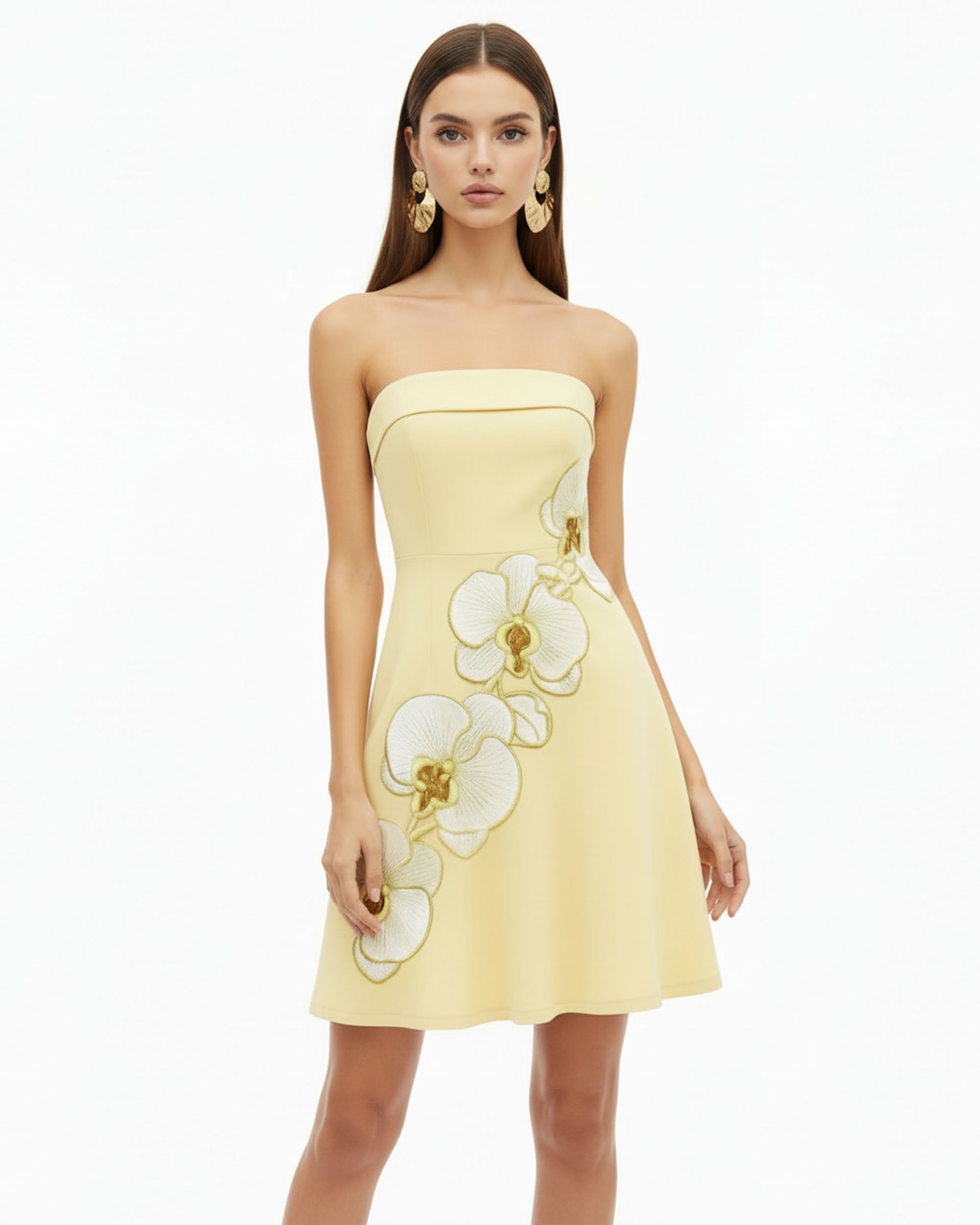 Orchid Embroidered Strapless A-Line Midi Dress - Pale Yellow