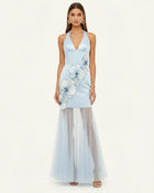 Orchid Embroidered Sheer Hem Halter Maxi Dress - Light Blue