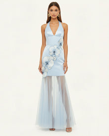 Orchid Embroidered Sheer Hem Halter Maxi Dress - Light Blue