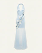 Orchid Embroidered Sheer Hem Halter Maxi Dress - Light Blue