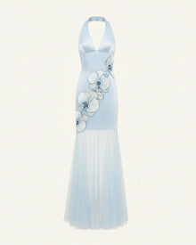 Orchid Embroidered Sheer Hem Halter Maxi Dress - Light Blue