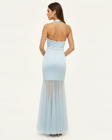 Orchid Embroidered Sheer Hem Halter Maxi Dress - Light Blue