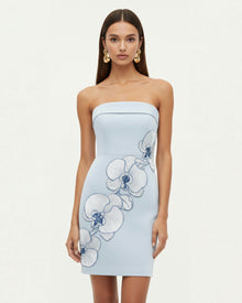 Orchid Embroidered Strapless Sheath Midi Dress - Light Blue