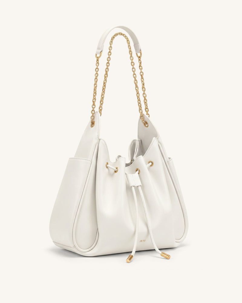 Rowan Ruched Drawstring Chain Bucket Bag - Ivory