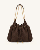 Rowan Faux Suede Quilted Chain Bucket Bag - Dark Brown