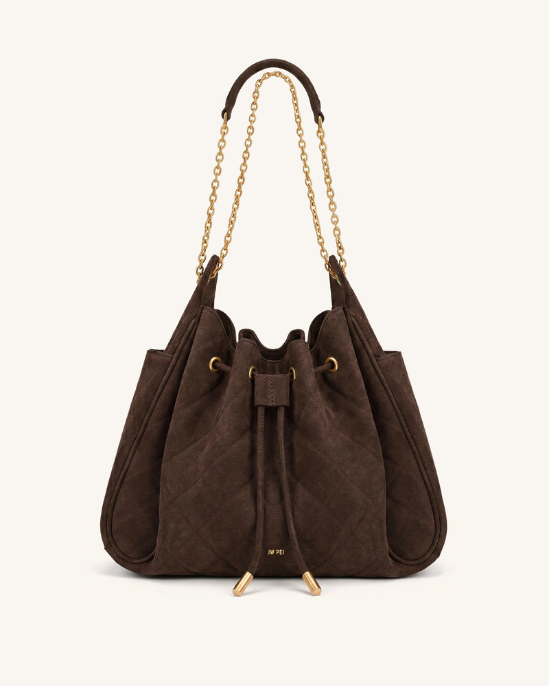 Rowan Faux Suede Quilted Chain Bucket Bag - Dark Brown