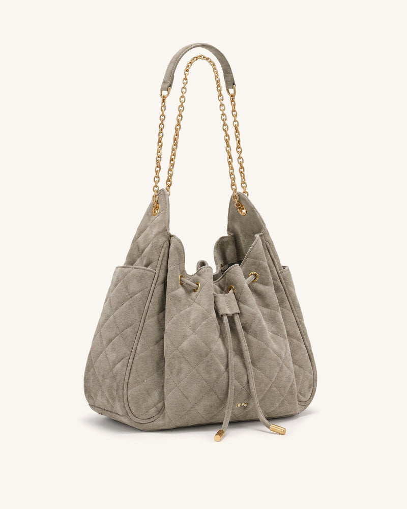 Rowan Faux Suede Quilted Chain Bucket Bag - Gray