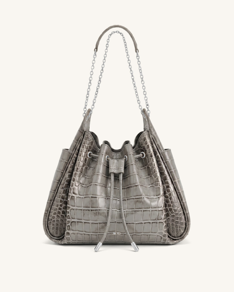 Rowan Ruched Drawstring Chain Bucket Bag - Grey Croc
