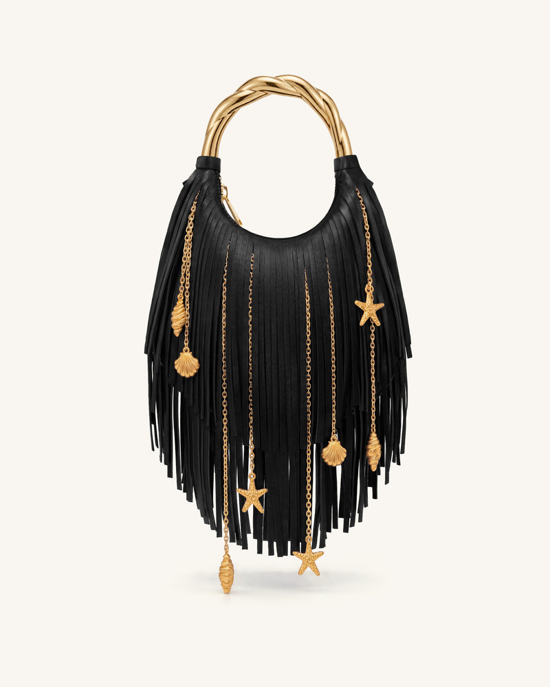 Chloe Metal Handle Fringe Top Handbag - Black