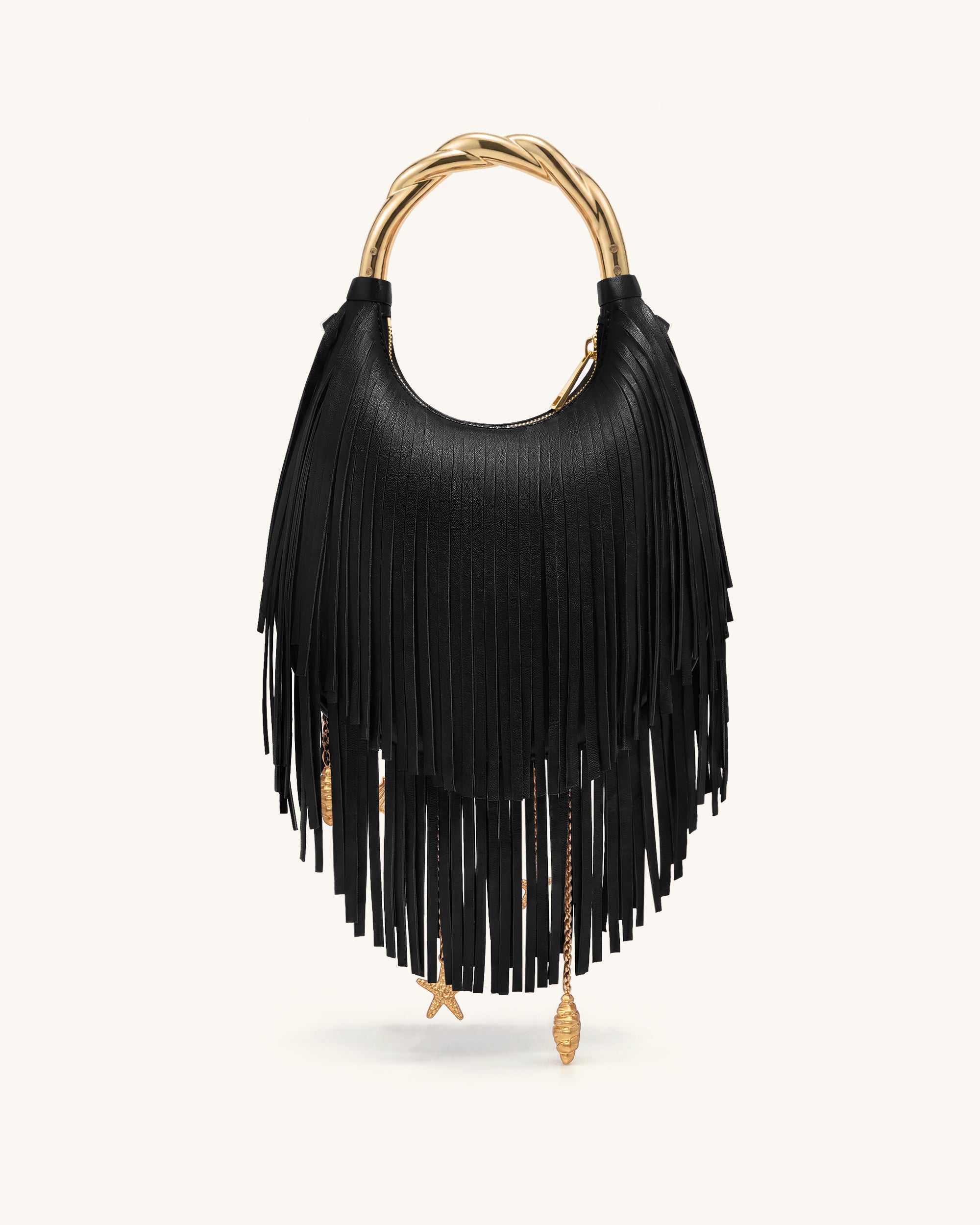 Chloe Metal Handle Fringe Top Handbag - Black