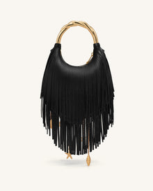 Chloe Metal Handle Fringe Top Handbag - Black