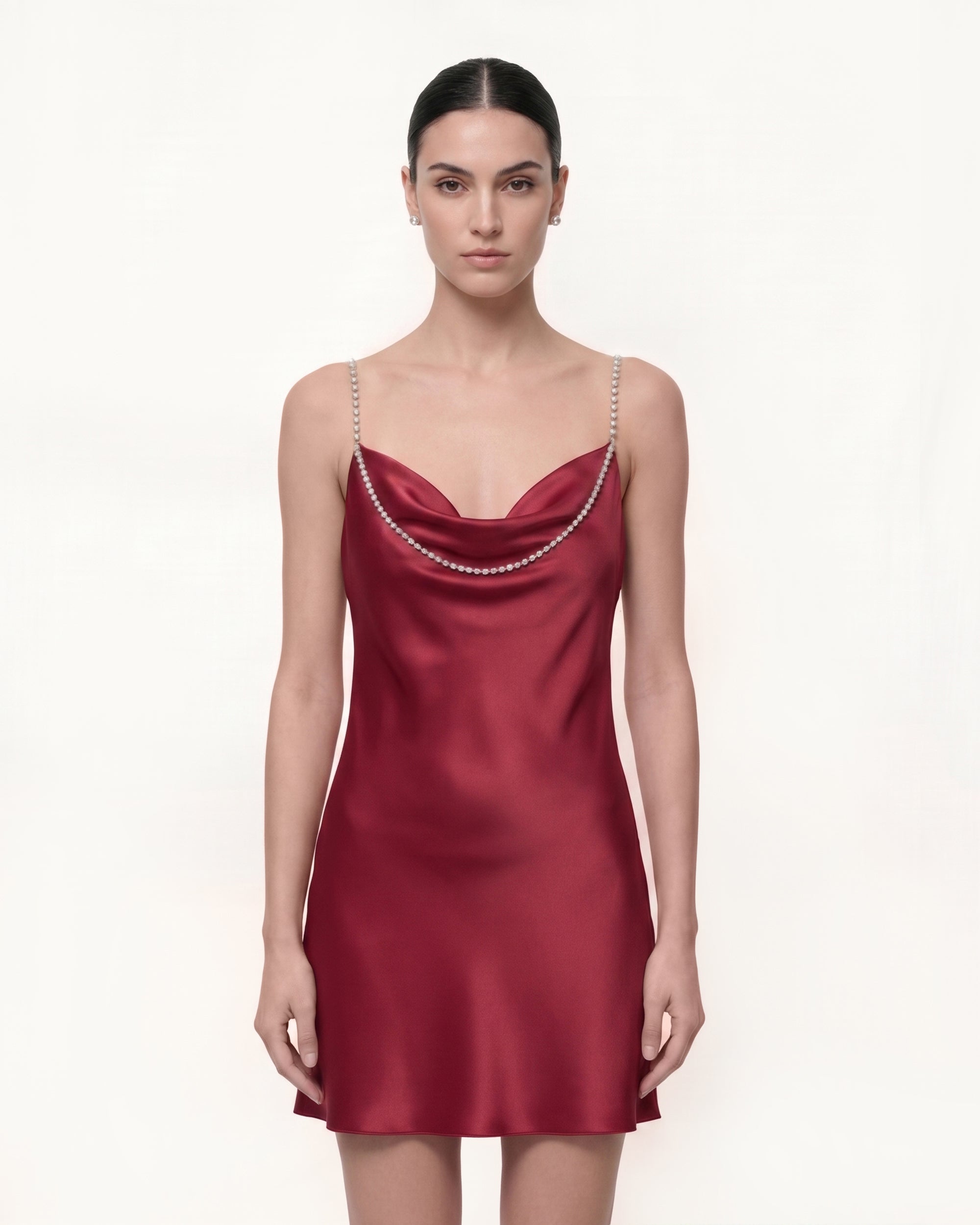 Pearl Strap Backless Cowl Mini Dress - Burgundy