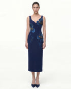 Iris Embroidered Wide Strap Midi Dress - Navy Blue