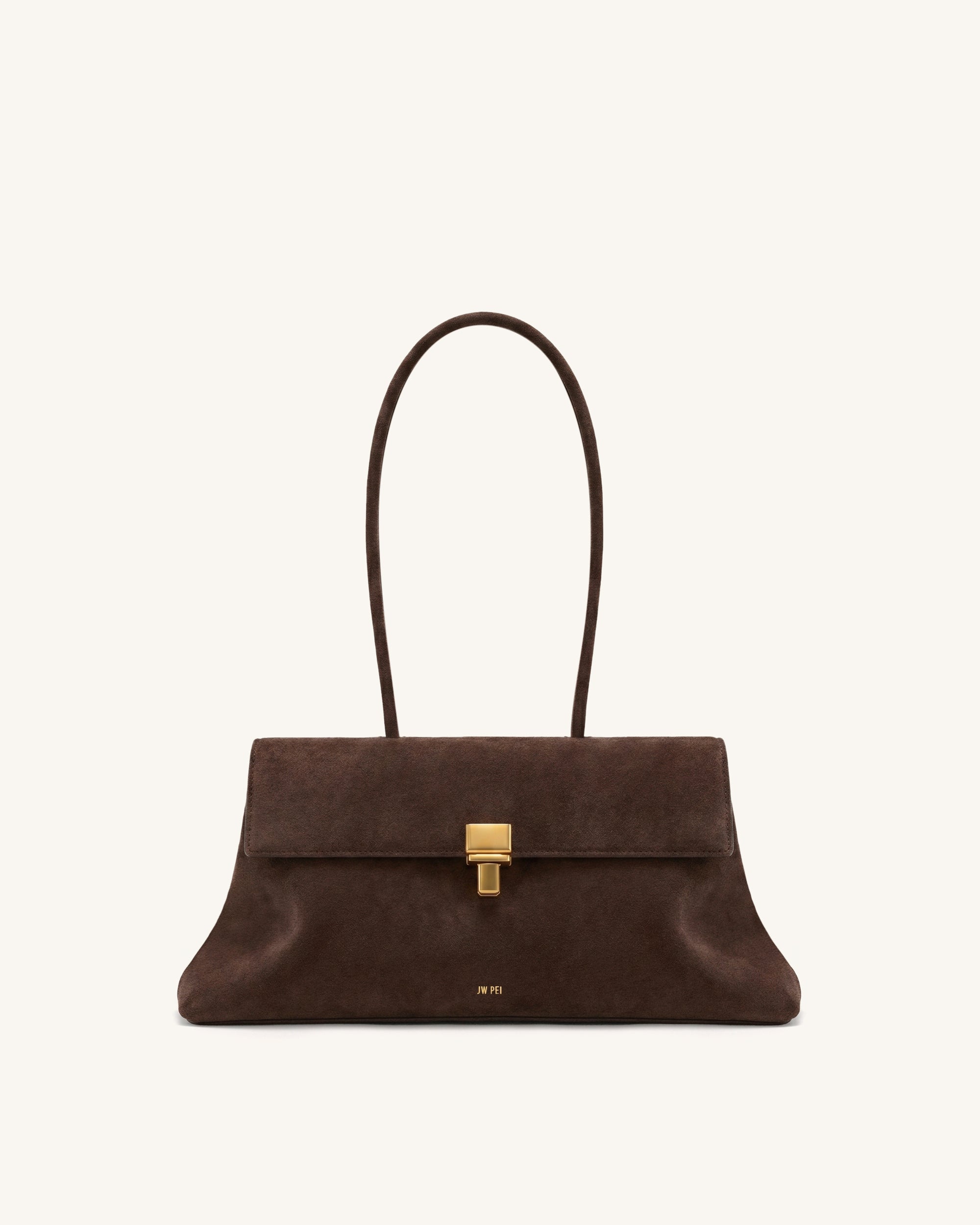 Selene Faux Suede Lock Flap Shoulder Bag - Dark Brown