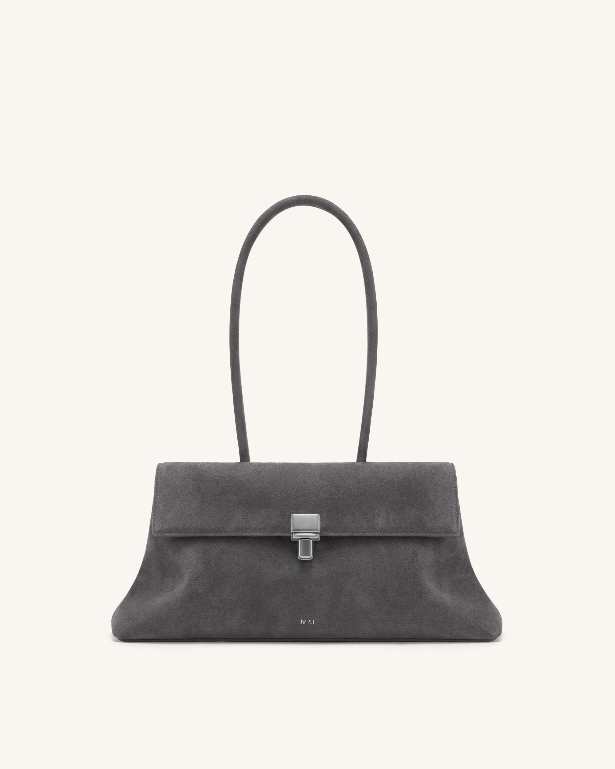 Selene Faux Suede Lock Flap Shoulder Bag - Charcoal Grey