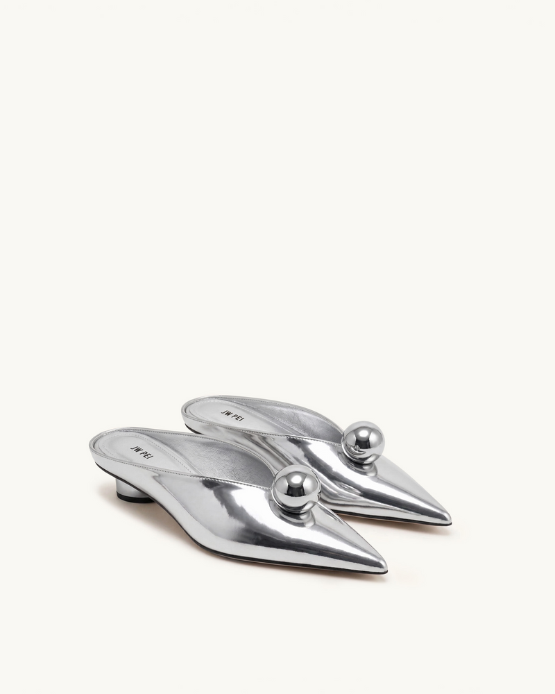 Helena Gold Sphere Pointed Toe Mules - Silver