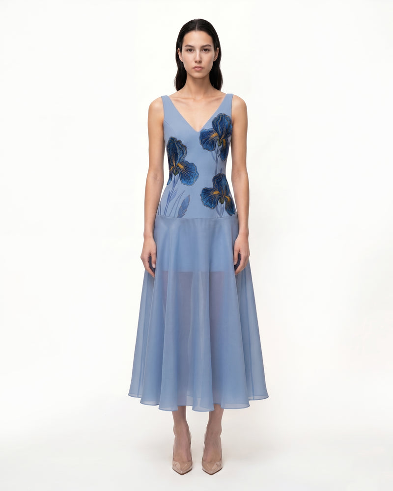 Iris Embroidered Sheer A-Line Midi Dress - Dusty Blue