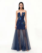 Iris Embroidered Plunge Sheer Overlay Maxi Dress - Navy Blue