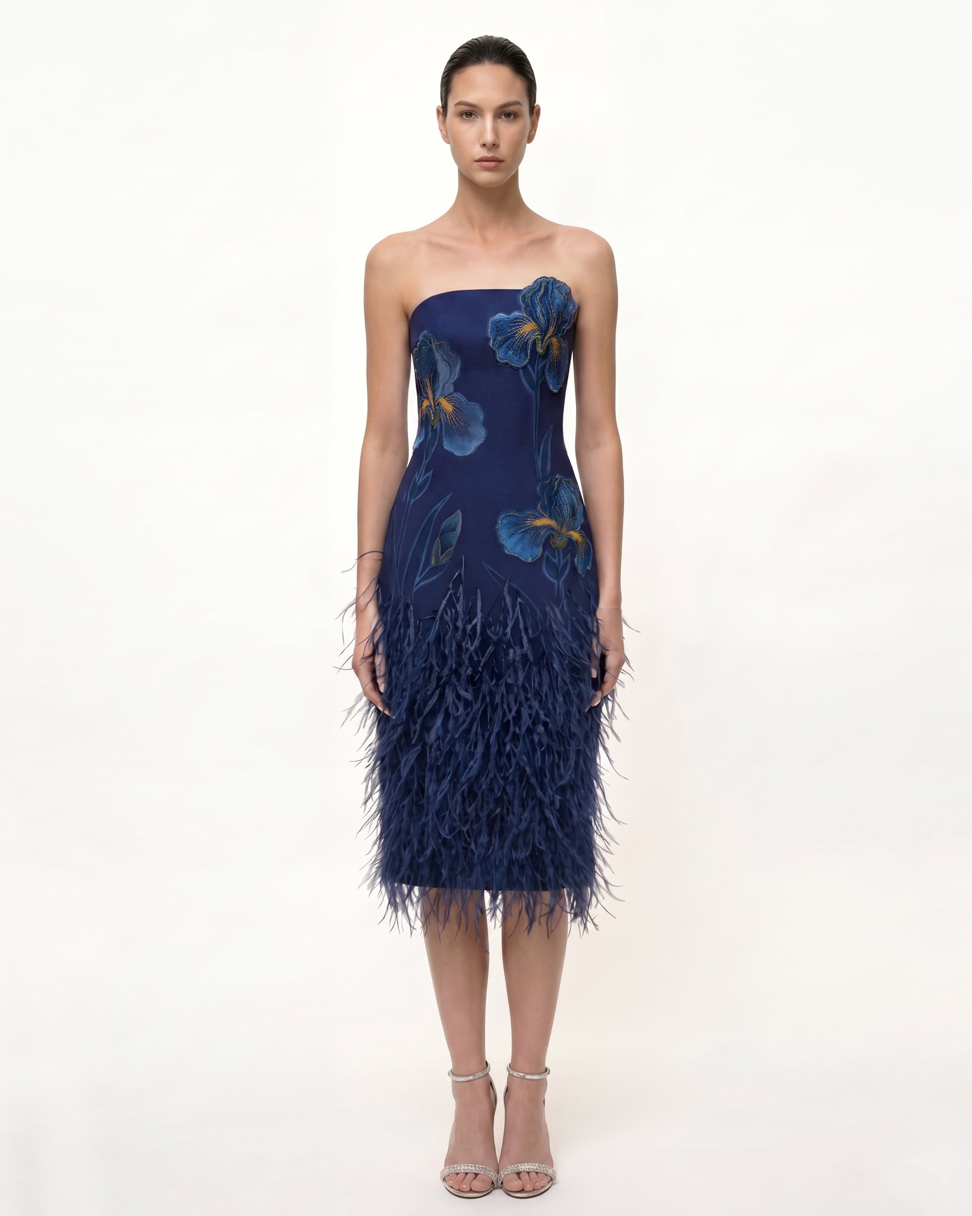 Iris Embroidered Feather Trim Strapless Midi Dress - Navy Blue