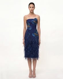 Iris Embroidered Feather Trim Strapless Midi Dress - Navy Blue