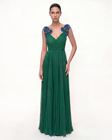 Iris Embroidered Pleated V-Neck Maxi Dress - Emerald Green