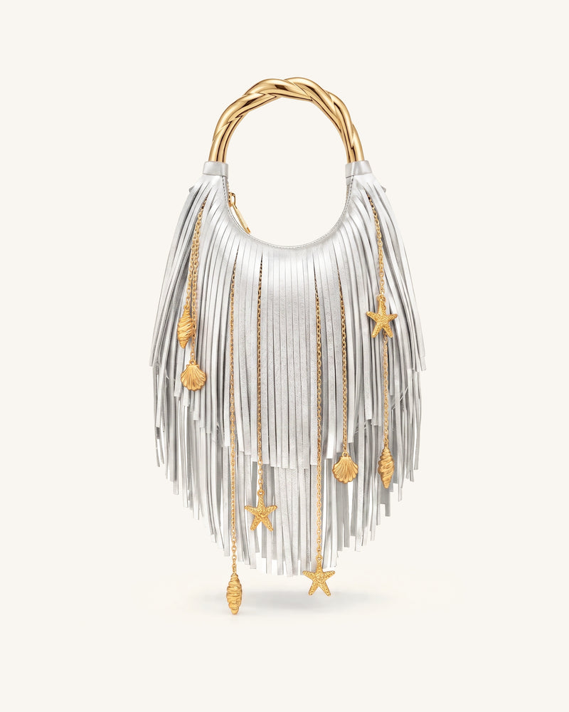 Chloe Metal Handle Fringe Top Handbag - Silver