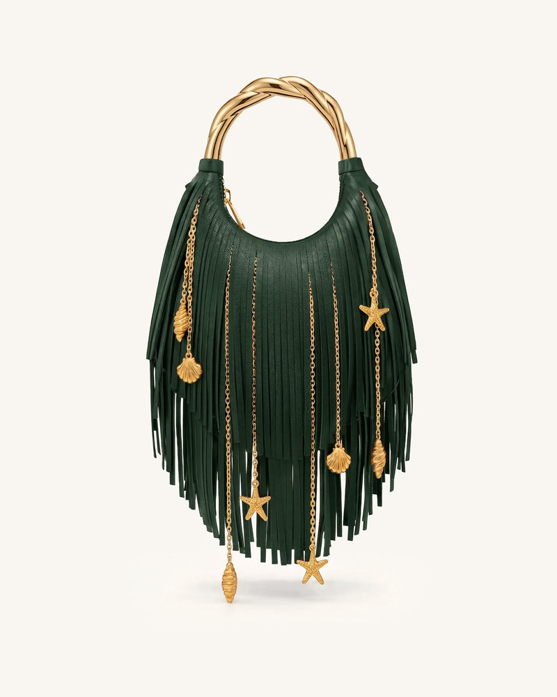 Chloe Metal Handle Fringe Top Handbag - Forest Green