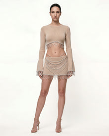 Crystal Fringe Knit Mini Skirt - Beige