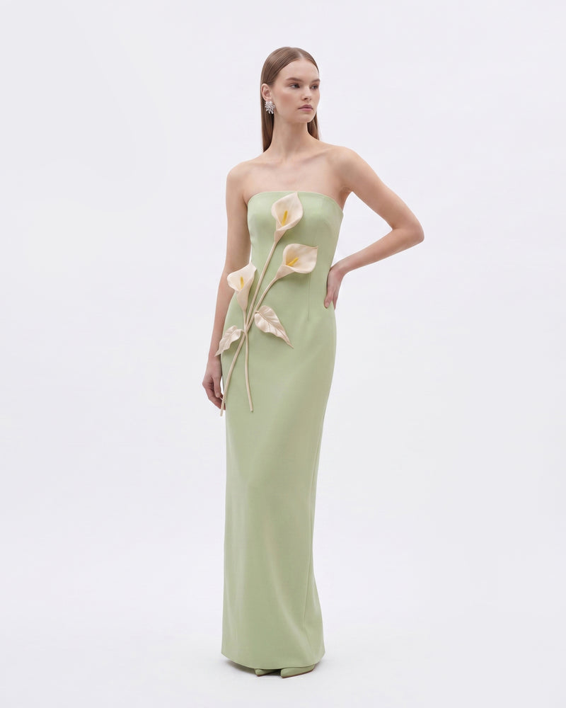 Floral Appliqué Strapless Dress - Sage Green