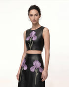 Iris Floral-Print Cropped Leather Top - Black