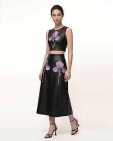 Iris Floral-Print A-Line Leather Midi Skirt - Black