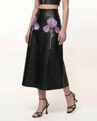 Iris Floral-Print A-Line Leather Midi Skirt - Black