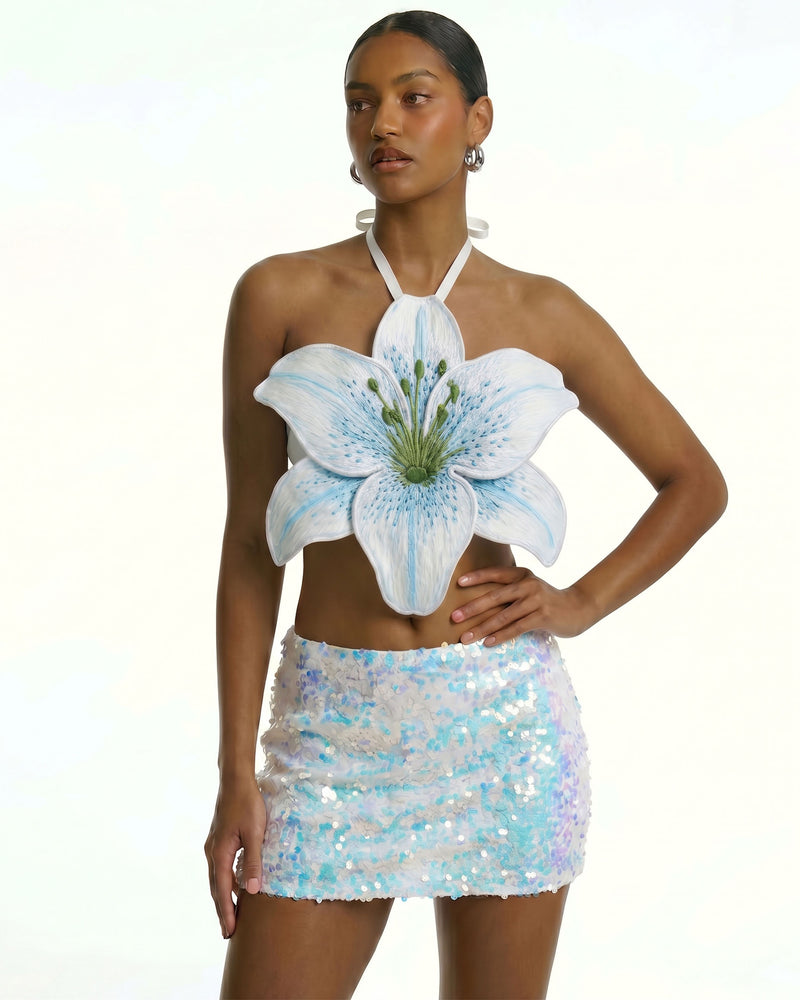 3D Lily Halter Crop Top - White Blue