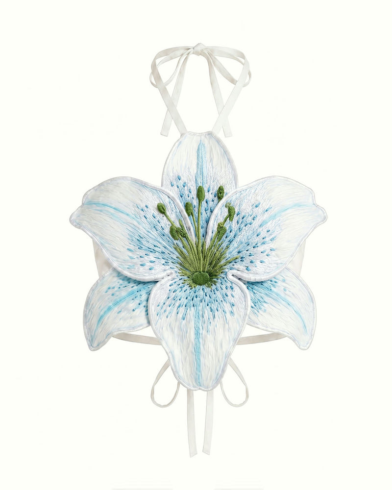 3D Lily Halter Crop Top - White Blue